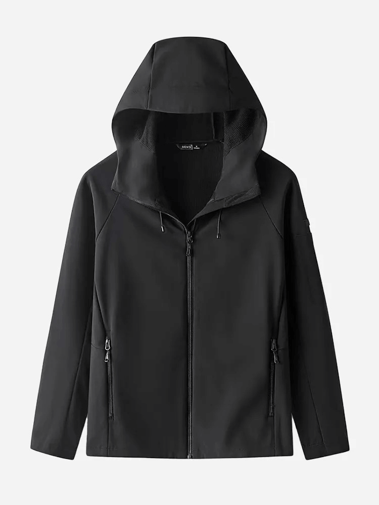Casual Waterproof Men's Zipper Jacket with Hood SF0689, in black, ideal for outdoor activities, warm and dry with zipper closure